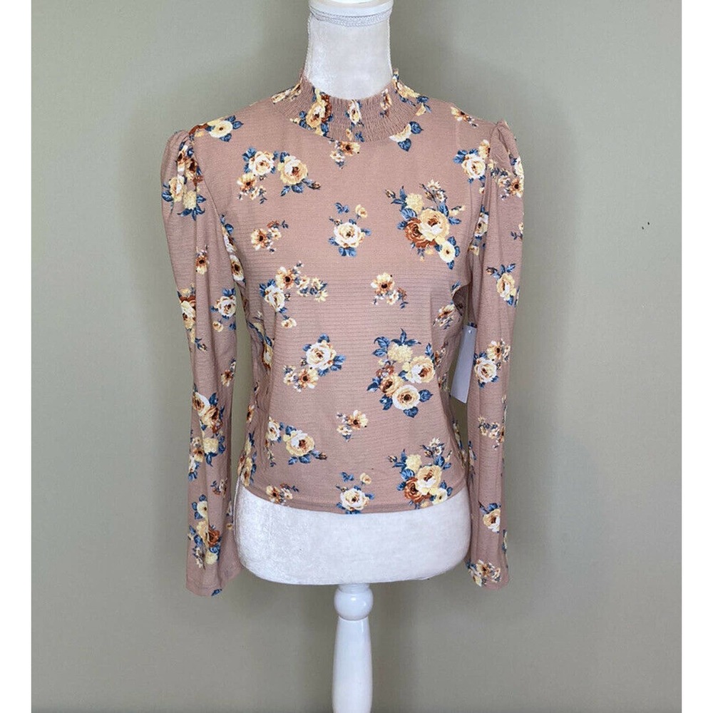 NWT ROOMMATES Floral Smocked Mock Neck Blouse M
